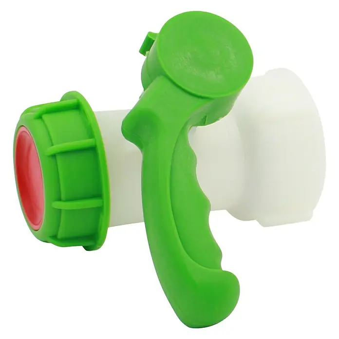 Ersatzhahn III - Geeignet für: Wasserentnahme, Größe Anschluss: 2″ - Hahn mit Griff. Ein Wasserhahn mit grünem Griff und rotem Einsatz, geeignet für Wasserkanister und Fässer.