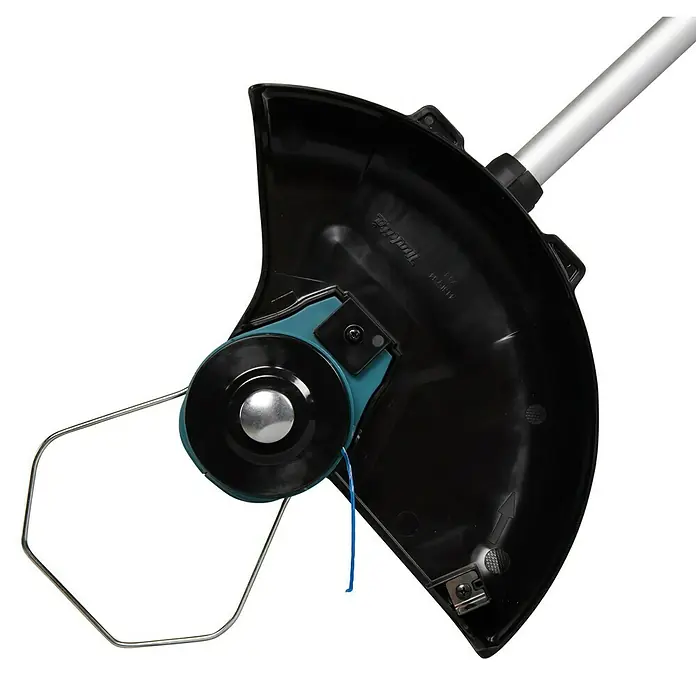 Makita LXT 18V Akku-Rasentrimmer DUR193F01 - 18 V, Li-Ionen, 1 Akku - Detailaufnahme eines Makita Rasentrimmers mit schwarzem Schutzschild, Trimmerkopf und Begrenzerbügel.