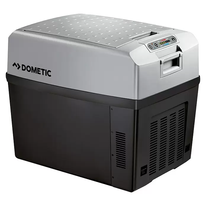 Dometic Elektrokühlbox TropiCool TCX 35 - L x B x H: 55 x 37,6 x 46 cm, 33 l - Graue und schwarze Dometic Kühlbox mit strukturierter Abdeckung, Bedienfeld und integrierten Griffen für Reisen.