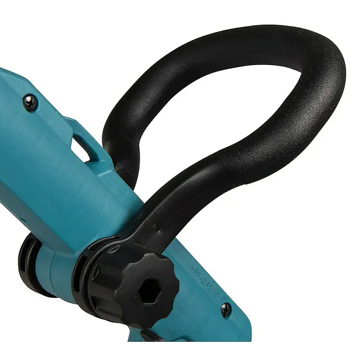 Makita LXT 18V Akku-Rasentrimmer DUR193F01 - 18 V, Li-Ionen, 1 Akku - Nahaufnahme einer Heckenschere mit blau-grünem Gehäuse und schwarzem, gebogenem Griff. Fokus liegt auf dem ergonomischen Design.