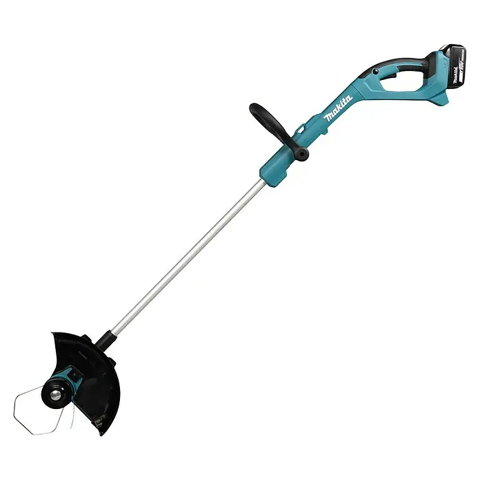 Makita LXT 18V Akku-Rasentrimmer DUR193F01 - 18 V, Li-Ionen, 1 Akku - Akkubetriebener Makita Rasentrimmer in Hellblau mit Teleskopstiel und schwarzen Details für den Garten.