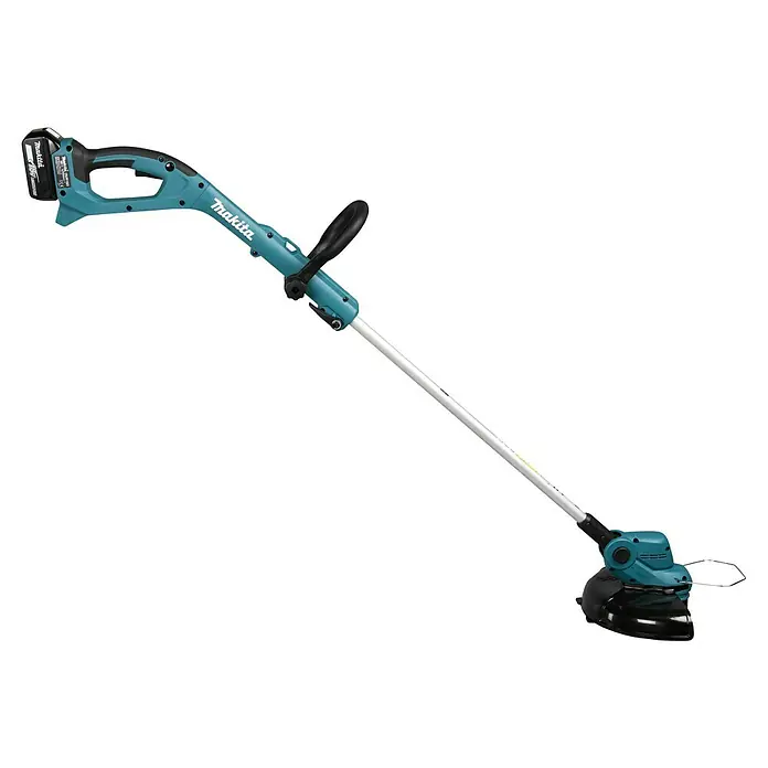 Makita LXT 18V Akku-Rasentrimmer DUR193F01 - 18 V, Li-Ionen, 1 Akku - Akku-Rasentrimmer von Makita in blaugrüner Farbe mit Akku und silberfarbener Stange. Perfekt für präzise Rasenpflege im Garten.