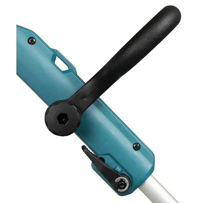 Makita LXT 18V Akku-Rasentrimmer DUR193F01 - 18 V, Li-Ionen, 1 Akku - Detailaufnahme einer verstellbaren Griffvorrichtung an einem Gartengerät, vermutlich ein Trimmer oder eine Heckenschere.