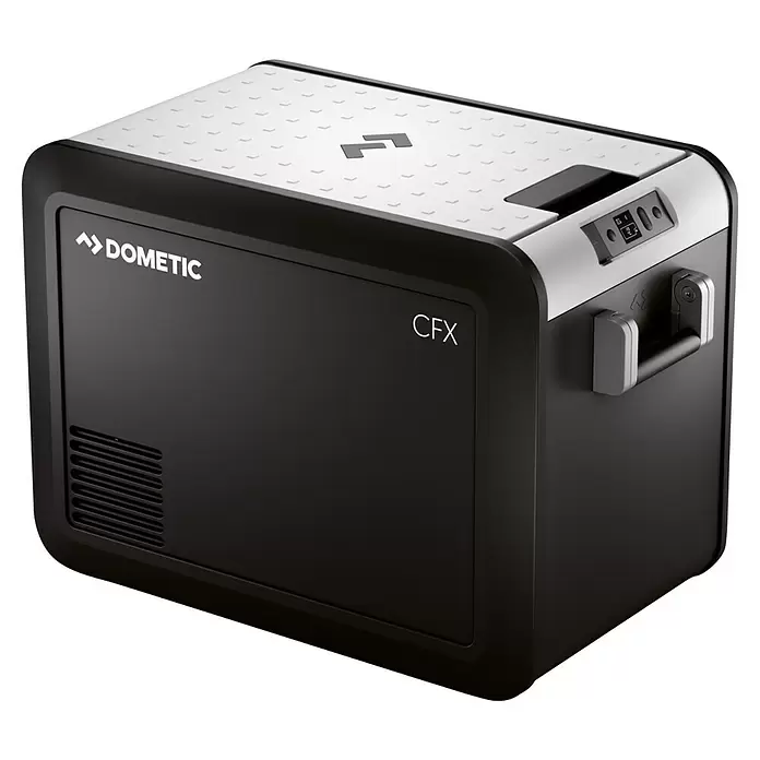 Dometic Kompressor Kühlbox CFX3 45 - L x B x H: 69,4 x 39,8 x 47,6 cm, 46 l - Schwarze Dometic Kühl-/Gefrierbox mit silberner Oberseite, Digitalanzeige und stabilen Griffen.