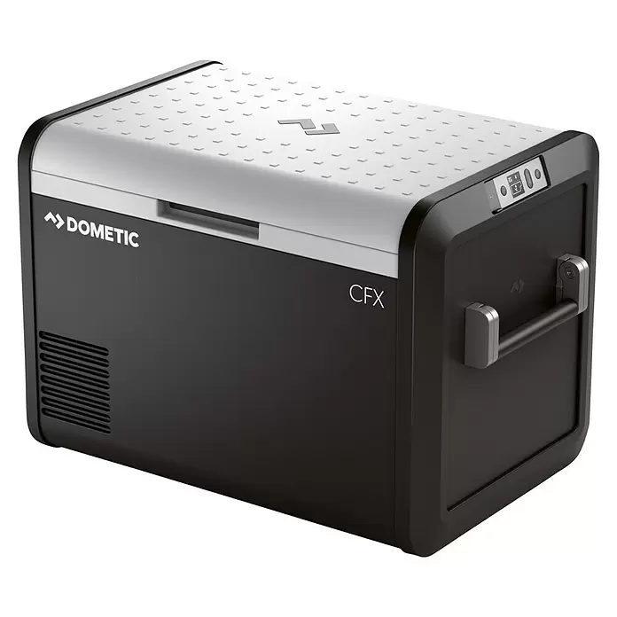 Dometic Kompressor Kühlbox CFX3 55 - L x B x H: 72 x 45,5 x 48 cm, 55 l - Schwarze und graue Dometic CFX Kühlbox mit texturiertem Deckel, Digitalanzeige und seitlichen Griffen.