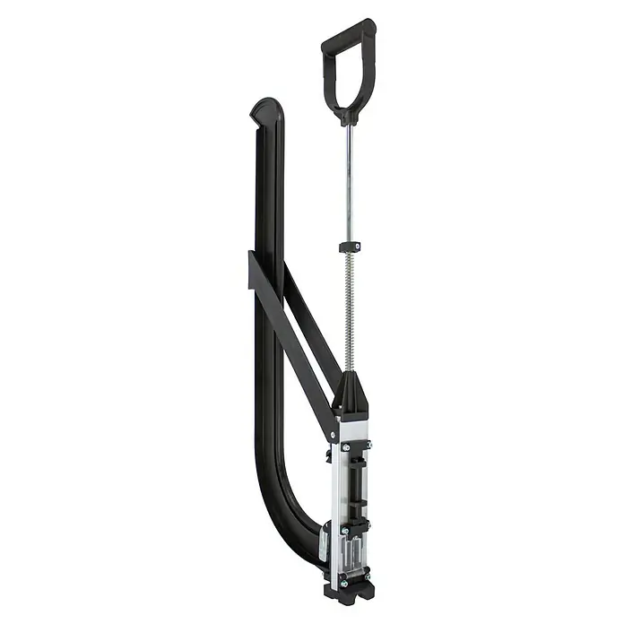 Solarfloor Setzwerkzeug - Geeignet für Heizrohrhalter 6mm - Ein verstellbarer Reifenständer zur Wandmontage. Der Reifenhalter ist schwarz, silber und hat eine robuste Bauweise für Autowerkstätten.