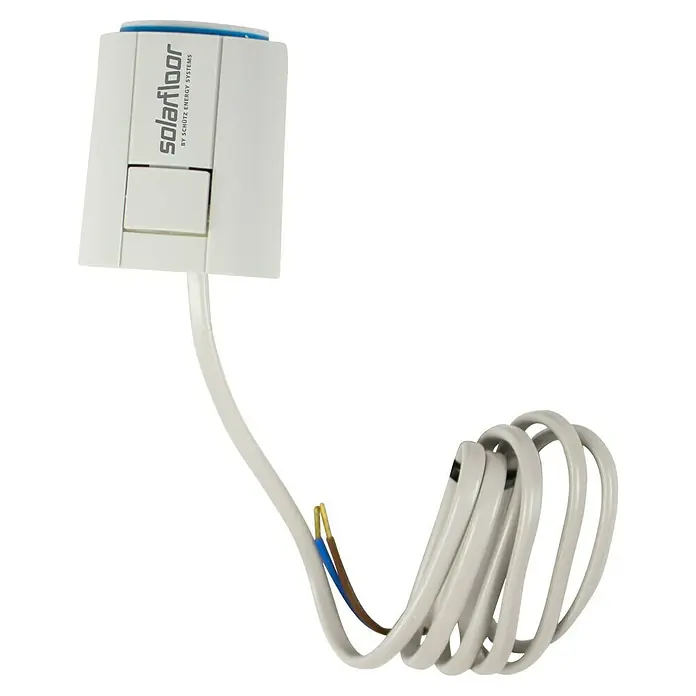 Solarfloor Stellantrieb - 230 V - Nahaufnahme eines Solarfloor-Raumthermostats mit einem gewickelten Kabel. Es ist ein modernes Gerät zur Steuerung von Heizsystemen.