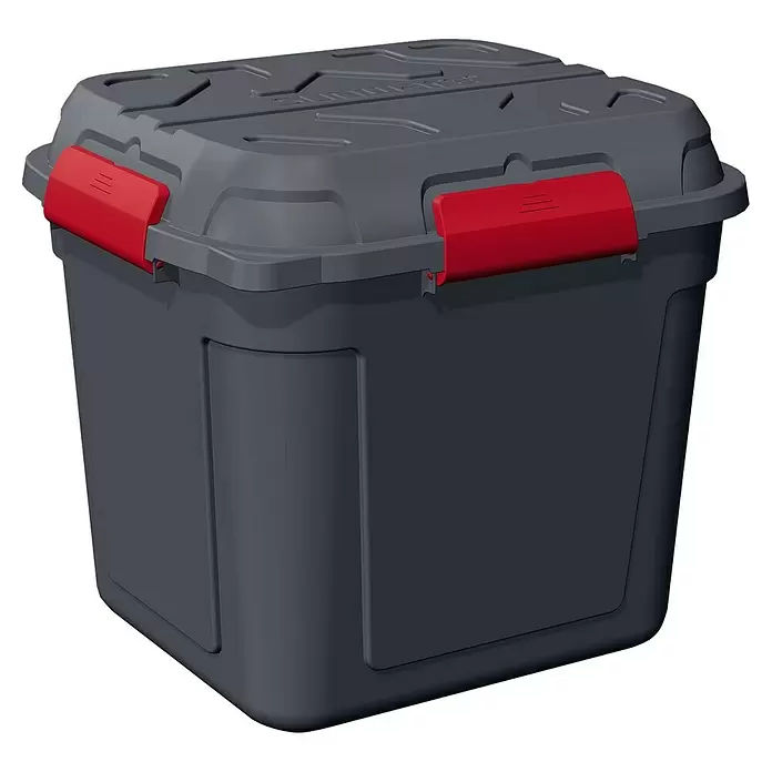 Sunware Aufbewahrungsbox Q-Line wasserdicht - L x B x H: 60,1 x 53,1 x 54,5 cm, Kunststoff, Anthrazit - Dunkelgraue Kunststoff-Aufbewahrungsbox mit Deckel und roten Verschlüssen für sichere Lagerung.