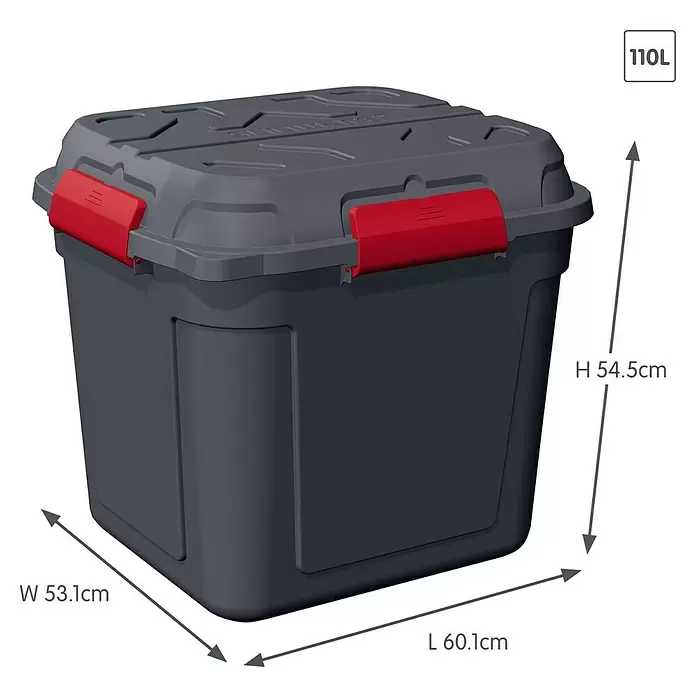 Sunware Aufbewahrungsbox Q-Line wasserdicht - L x B x H: 60,1 x 53,1 x 54,5 cm, Kunststoff, Anthrazit - Robuste dunkelgraue 110L Aufbewahrungsbox mit Deckel und roten Verschlüssen. L 60,1cm, B 53,1cm, H 54,5cm.