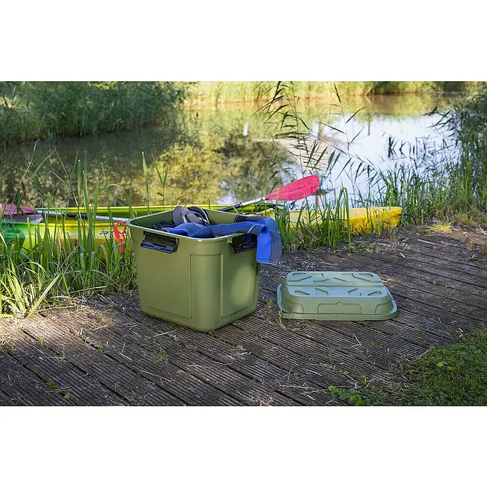 Sunware Aufbewahrungsbox Q-Line wasserdicht - L x B x H: 60,1 x 53,1 x 54,5 cm, Kunststoff, Grün - Grüne wasserdichte Aufbewahrungsbox mit Deckel, ideal für Kajakfahren, mit Paddel und Neoprenanzug in Ufernähe.