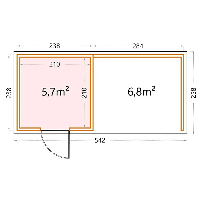 Telluria Metallgerätehaus Classico 2424 mit Lounge S rechts - Außenmaß inkl. Dachüberstand (B x T): 542 x 258 cm, Stahl, Lichtgrau/Anthrazit, Ohne Set - Detaillierter Grundriss eines Hauses mit Maßangaben zu Zimmergrößen und Gesamtfläche. Die Raumaufteilung und architektonischen Details sind klar erkennbar.