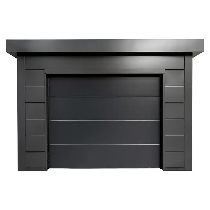 Telluria Garage Classico 3654G inkl. Elektro-Set und Innenwandverkleidung - Außenmaß inkl. Dachüberstand (B x T): 388 x 568 cm, Stahl, Anthrazit, Elektro-Set - Nahaufnahme eines modernen, grauen Garagentors mit horizontalen Linien und strukturiertem Rahmen. Elegantes Design für Ihr Zuhause.
