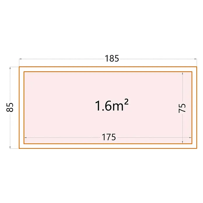 Telluria Gartenbox Nevio 180 - L x B x H: 185 x 85 x 85 cm, Stahl, Anthrazit - Illustration eines Rechtecks mit den Maßen 185x85 cm, das ein kleineres Rechteck mit einer Fläche von 1,6 m² enthält.