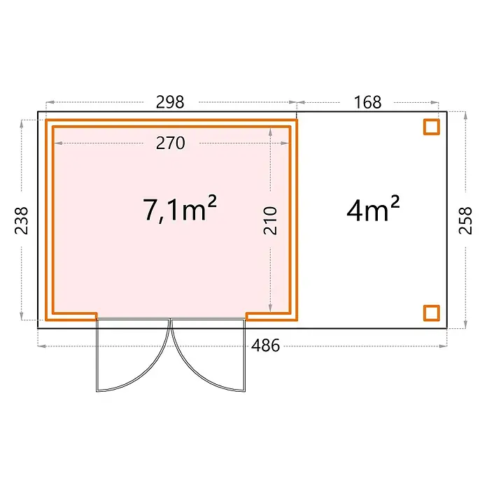 Telluria Metallgerätehaus Classico 3024 mit Open Lounge S rechts - Außenmaß inkl. Dachüberstand (B x T): 486 x 258 cm, Stahl, LichtgrauAnthrazit, Ohne Set - Grundriss eines Gartenhauses mit Maßangaben, der die Raumaufteilung und die Abmessungen der einzelnen Bereiche zeigt.