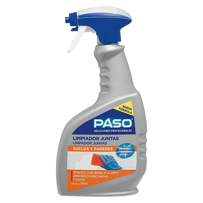 Paso Limpiador Juntas suelos y paredes - 500 ml, Botella con cabezal rociable - Imagen de una botella de limpiador de juntas PASO para suelos y paredes con una nueva fórmula, diseñado para la limpieza profesional.