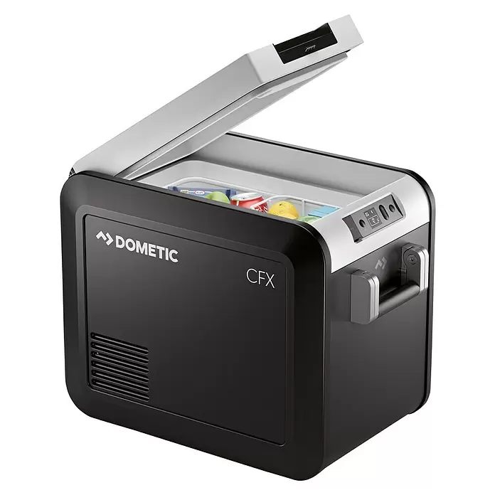 Dometic Kompressor Kühlbox CFX3 25 - L x B x H: 56,9 x 34,2 x 42 cm, 25 l - Schwarze und silberne Dometic CFX Kühlbox mit offenem Deckel, zeigt Speisen und Getränke.
