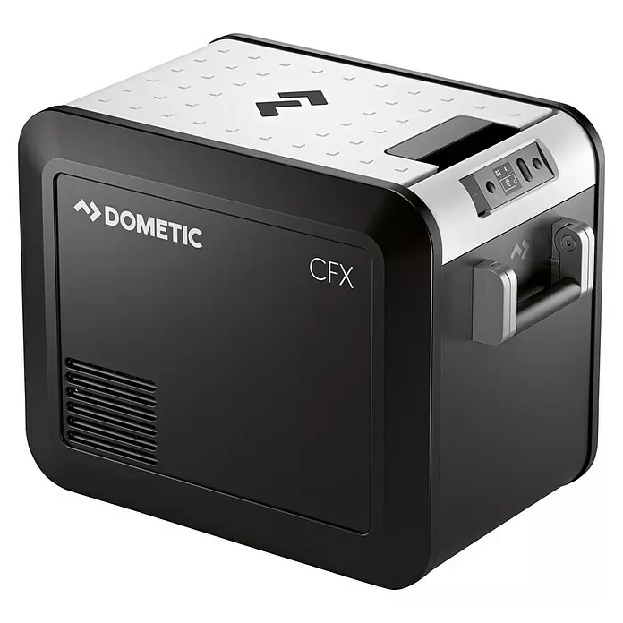 Dometic Kompressor Kühlbox CFX3 25 - L x B x H: 56,9 x 34,2 x 42 cm, 25 l - Schwarze und silberne Dometic CFX Kompressorkühlbox mit weißem gemustertem Deckel und Digitalanzeige.