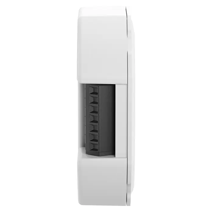 Homematic IP Controller Universal Motorschloss - Passend für: Intelligentes Türmanagement, Grau, B x L: 12,2 x 9,3 cm - Seitenansicht des weißen Panasonic Wandgerätes mit schwarzem Luftauslassgitter zur Belüftung und Kühlung.