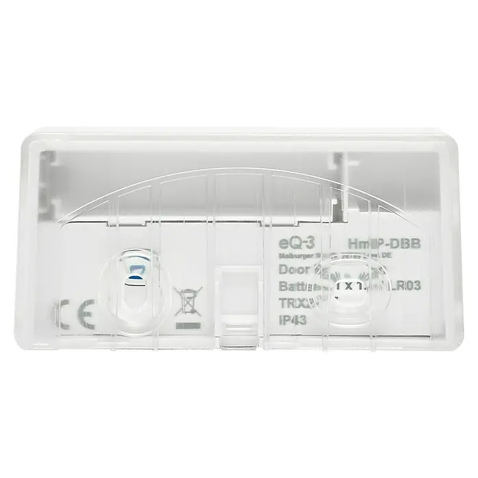 Homematic IP Klingeltaster - Weiß, 9,3 x 12,2 x 3,6 cm, Kunststoff - Nahaufnahme der Rückseite eines eQ-3 HmIP-DBB Tür- und Fensterkontakts, der Details wie CE-Kennzeichnung und Batterieanforderungen zeigt.