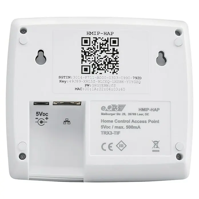 Homematic IP Starter-Set Mini Zutritt mit IP Access Point und Homematic IP Türschlossantrieb - Weiß - HMIP-HAP Home Control Access Point: Detailansicht der Rückseite mit Anschlüssen, QR-Code & technischen Daten für Smart Home Anwendungen.
