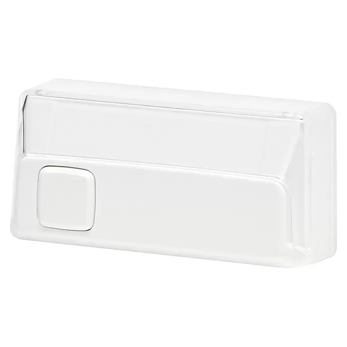 Homematic IP Klingeltaster - Weiß, 9,3 x 12,2 x 3,6 cm, Kunststoff - Weißes rechteckiges Gehäuse mit transparentem Deckel und einem quadratischen Knopf an der Vorderseite.