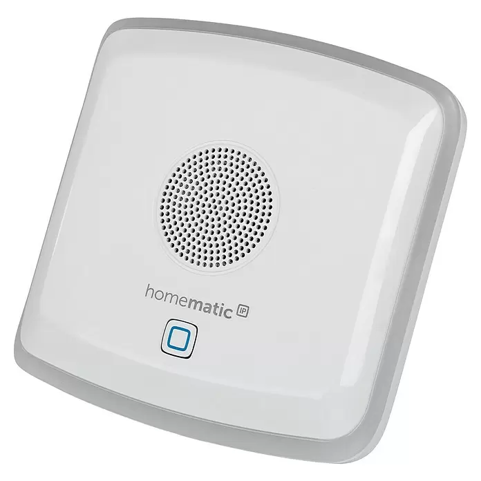 Homematic IP Bewegungsmelder Kombisignalgeber - Weiß, L x B x H: 18,4 x 18,7 x 9,7 cm - Weißes Homematic IP Smart-Home-Gerät mit zentralem Lautsprechergitter und blau umrandeter Steuertaste.