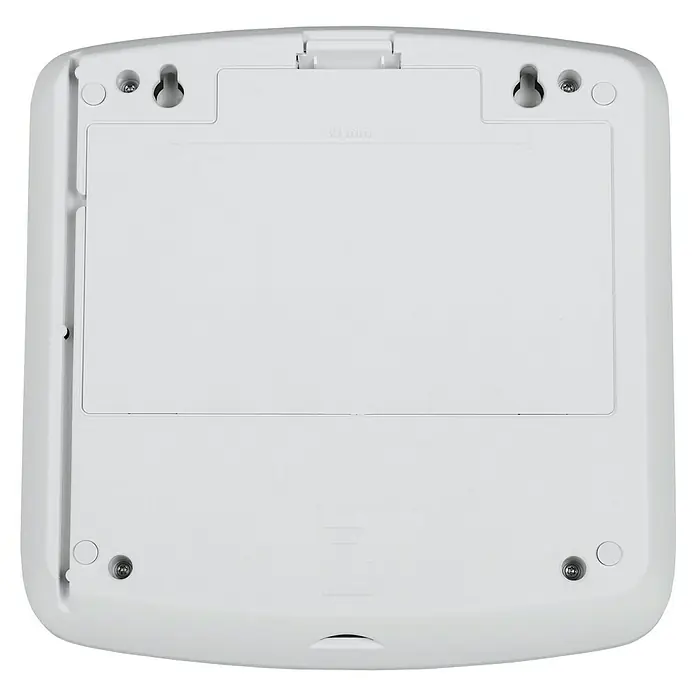 Homematic IP Bewegungsmelder Kombisignalgeber - Weiß, L x B x H: 18,4 x 18,7 x 9,7 cm - Rückseite des weißen Produkts mit Schraubenlöchern zur Montage und einer rechteckigen Abdeckung.