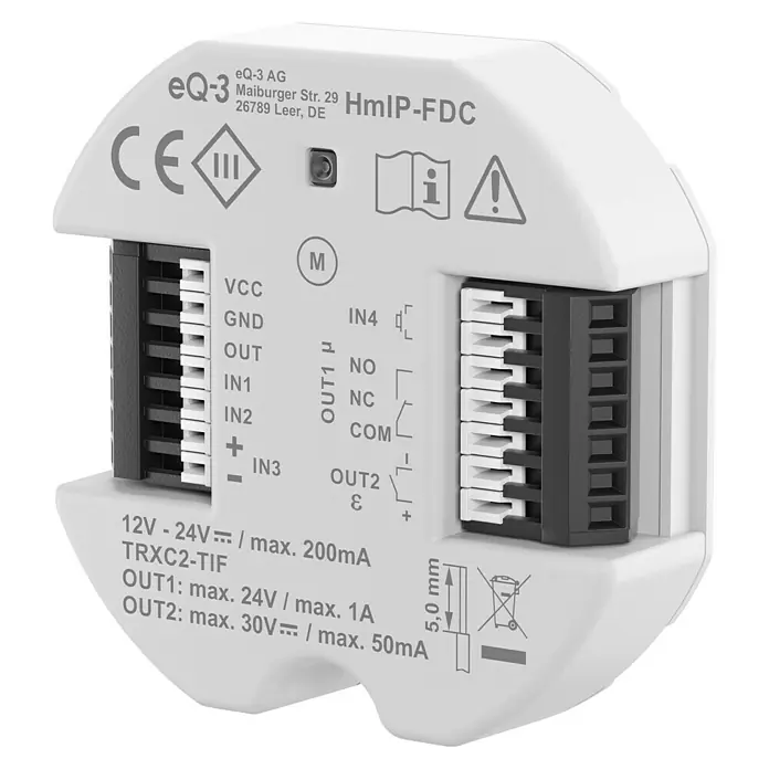 Homematic IP Türöffner-Steuerung Universal - L x B x H: 9,3 x 12,2 x 3,6 cm, Funk - Nahaufnahme eines HomeMatic IP HmIP-FDC-Geräts, einem funkgesteuerten potentialfreien Kontakt-Interface für vielfältige Automatisierungsanwendungen.