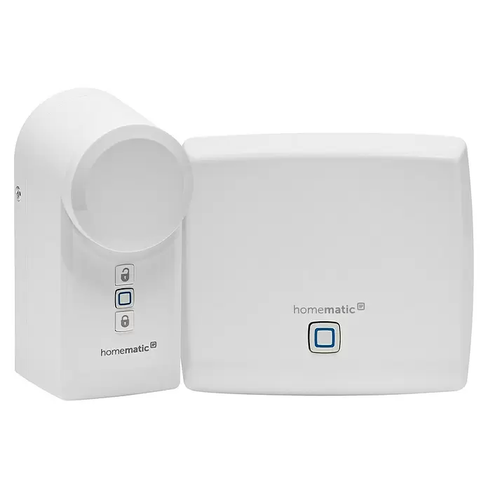 Homematic IP Kit de iniciación Access Point - Blanco - Dos dispositivos de hogar inteligente Homematic IP blancos, uno más alto con botones de bloqueo/desbloqueo, el otro una unidad rectangular.