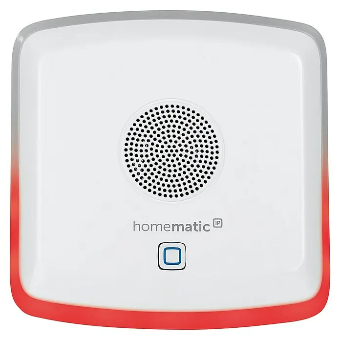 Homematic IP Bewegungsmelder Kombisignalgeber - Weiß, L x B x H: 18,4 x 18,7 x 9,7 cm - Nahaufnahme eines Homematic IP-Geräts mit Lautsprechergitter und Bedientaste, umgeben von einem roten Lichtstreifen.