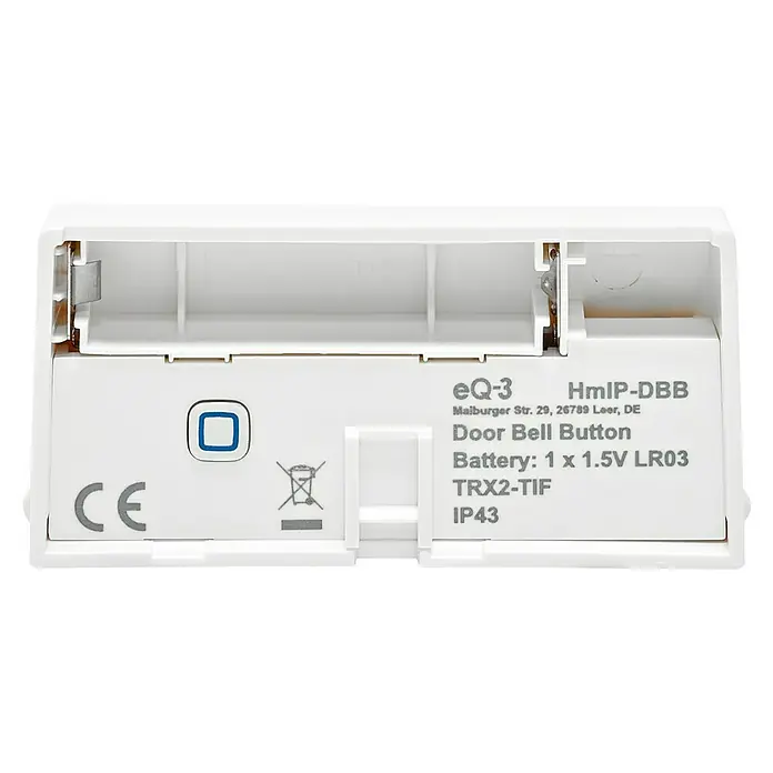 Homematic IP Klingeltaster - Weiß, 9,3 x 12,2 x 3,6 cm, Kunststoff - Detailansicht einer eQ-3 HmIP-DBB Türklingel mit offenem Batteriefach, die eine 1,5V LR03 Batterie benötigt.