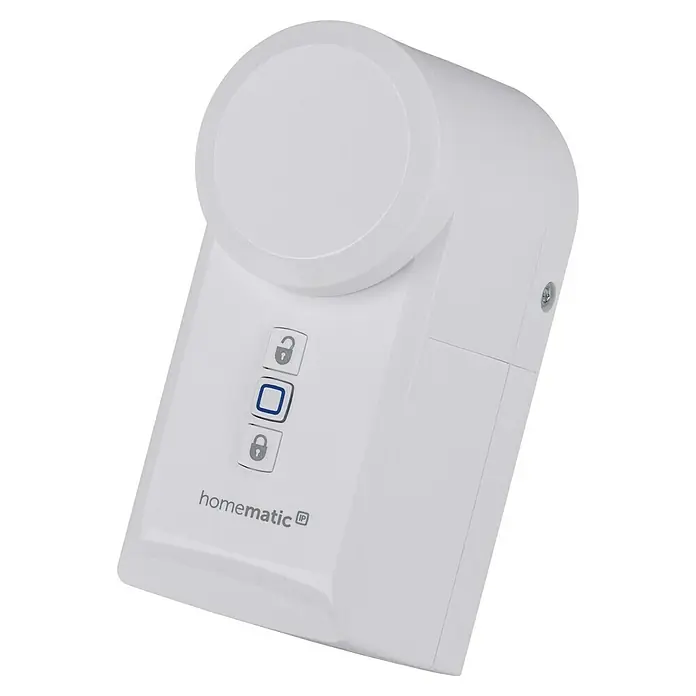 Homematic IP Starter-Set Mini Zutritt mit IP Access Point und Homematic IP Türschlossantrieb - Weiß - Homematic IP Taster mit zwei Kanälen in Weiß. Das Gerät verfügt über drei Tasten mit Schloss-Symbolen.
