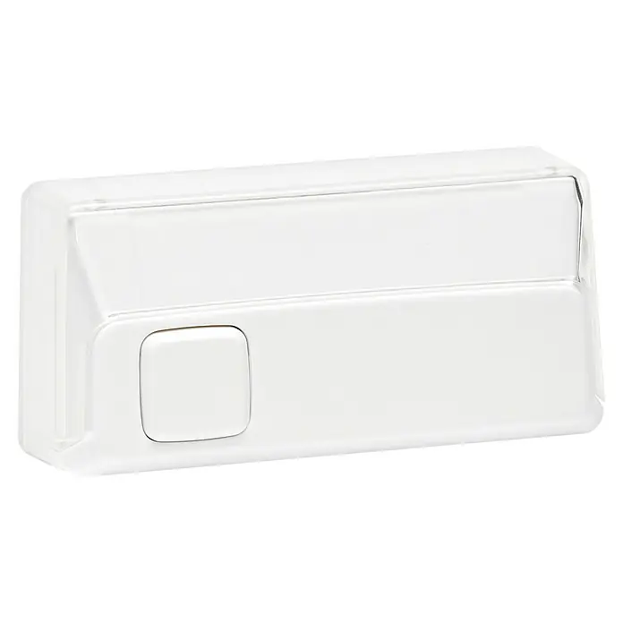 Homematic IP Klingeltaster - Weiß, 9,3 x 12,2 x 3,6 cm, Kunststoff - Nahaufnahme einer weißen Unterputz-Türsprechanlage mit einer rechteckigen Klingeltaste.