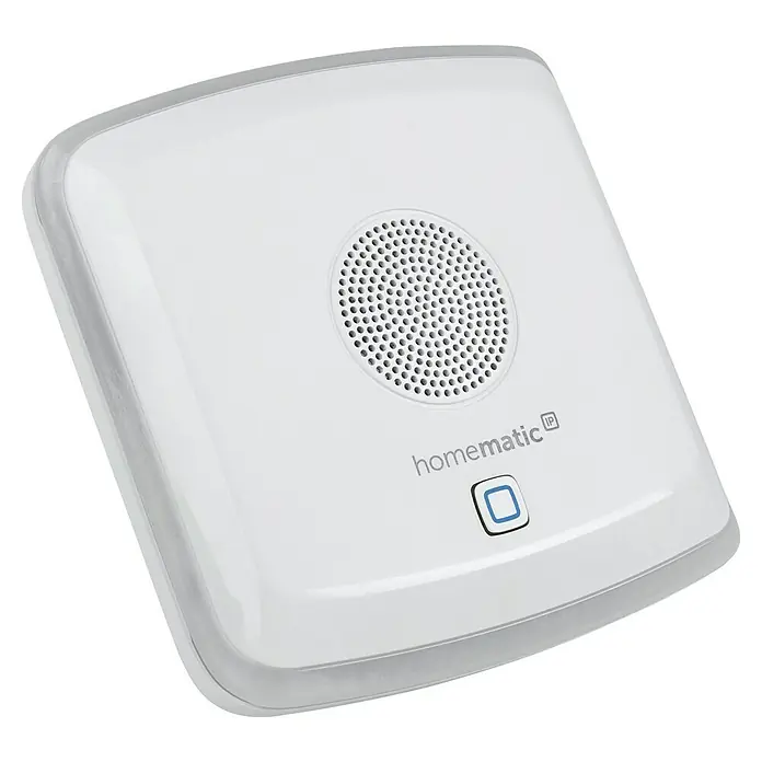 Homematic IP Bewegungsmelder Kombisignalgeber - Weiß, L x B x H: 18,4 x 18,7 x 9,7 cm - Nahaufnahme des Homematic IP Warnmelders, eines intelligenten Hausalarmsystems mit Lautsprechergitter und Steuertaste.