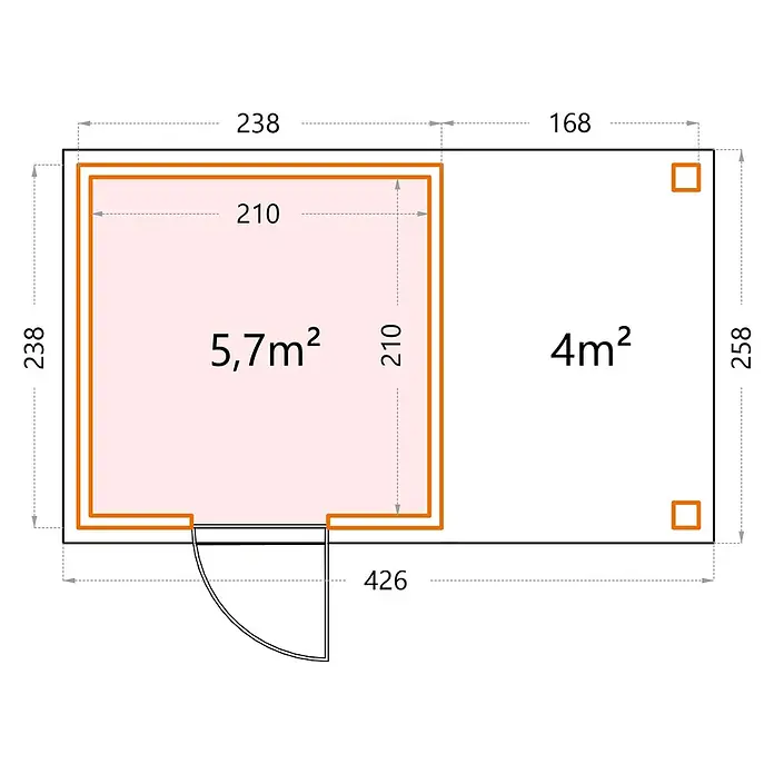 Telluria Metallgerätehaus Classico 2424 mit Open Lounge S rechts inkl. Elektro-Set - Außenmaß inkl. Dachüberstand (B x T): 426 x 258 cm, Stahl, Anthrazit, Inkl. Innenwandverkleidung & Elektro-Set - Grundriss eines Gartenhauses mit den Maßen 426 x 258 cm und einer Raumaufteilung von 5,7 m² und 4 m² für die verschiedenen Bereiche.