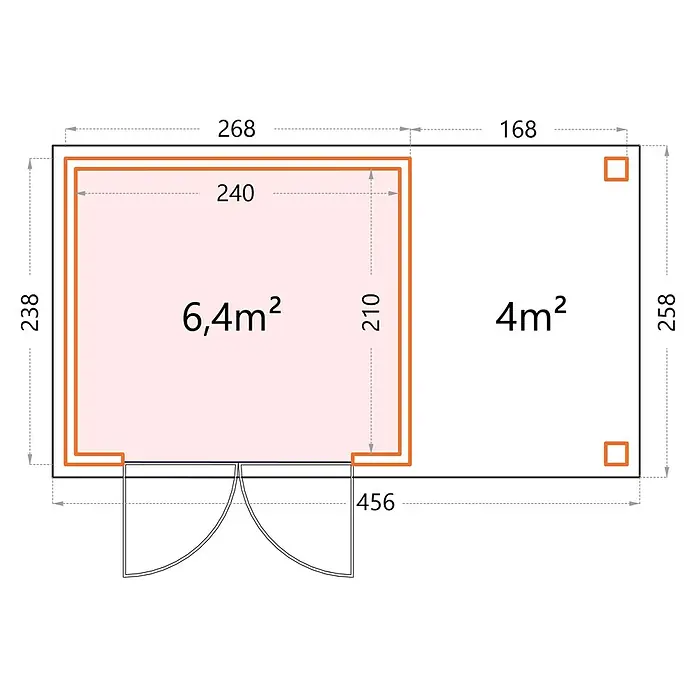 Telluria Metallgerätehaus Classico 2724 mit Open Lounge S rechts - Außenmaß inkl. Dachüberstand (B x T): 456 x 258 cm, Stahl, Anthrazit, Ohne Set - Grundriss eines Gebäudes mit zwei rechteckigen Bereichen von 6,4m² und 4m², mit Abmessungen versehen, zur Bauplanung.