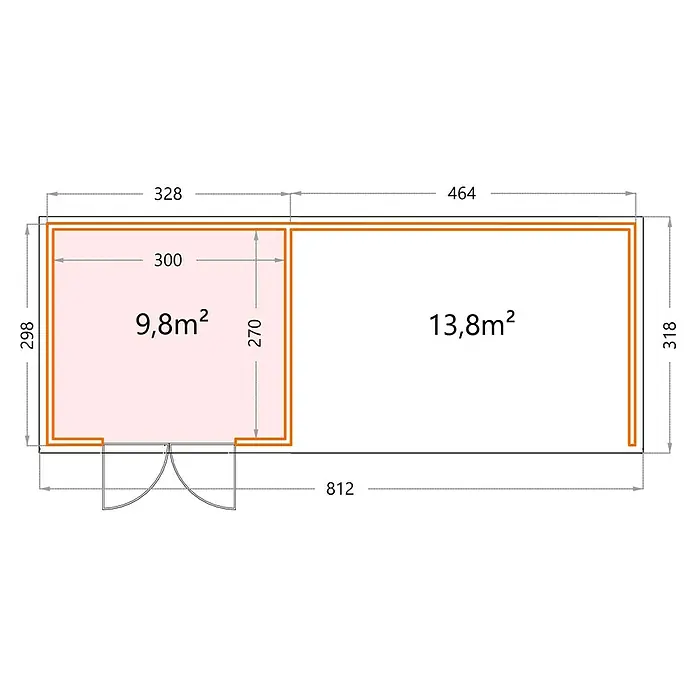 Telluria Metallgerätehaus Classico 3330 mit Lounge XL rechts - Außenmaß inkl. Dachüberstand (B x T): 812 x 318 cm, Stahl, Weiß/Anthrazit, Ohne Set - Grundrisszeichnung eines Gartenhauses mit Maßangaben zu den beiden Räumen und der Gesamtfläche. Praktisches Design für Ihren Garten.