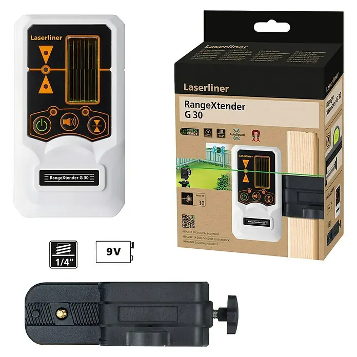 Laserliner Laserentfernungsmesser RangeXtender G30 - Passend für: Laserliner Linenlaser - Produktabbildung des Laserliner RangeXtender G 30, ein Laserempfänger zur Erweiterung der Reichweite von Linienlasern. Inklusive Halterung.