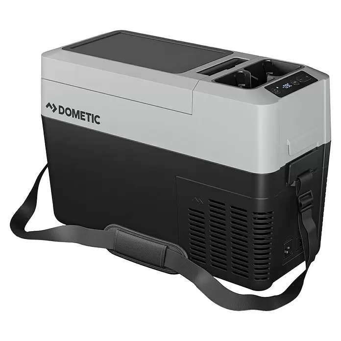 Dometic Kompressor Kühlbox CFF 12 - L x B x H: 56,1 x 23,5 x 38 cm, 13 l - Schwarze und graue Dometic tragbare elektrische Kühlbox mit Schultergurt.