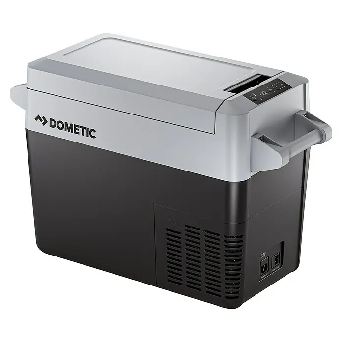 Dometic Kompressor Kühlbox CFF20 - L x B x H: 66 x 28,3 x 43 cm, 21 l - Dometic Kühlbox mit grauem Deckel und schwarzem Gehäuse. Sie verfügt über einen Tragegriff und ein digitales Bedienfeld.