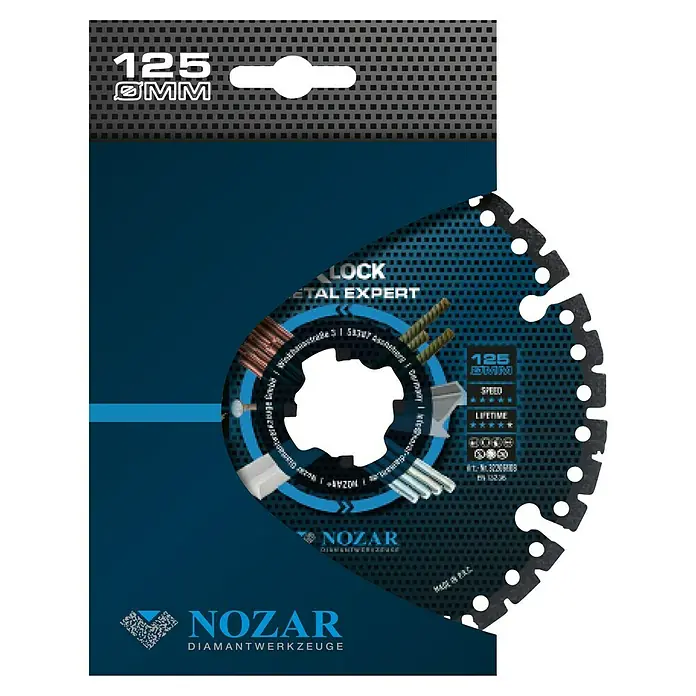 Nozar Diamant-Trennscheibe X-Lock Metall Expert - Durchmesser Scheibe: 125 mm, 1 Stk. - Nahaufnahme einer NOZAR Metall-Trennscheibe, 125 mm Durchmesser, ideal für Metallarbeiten.