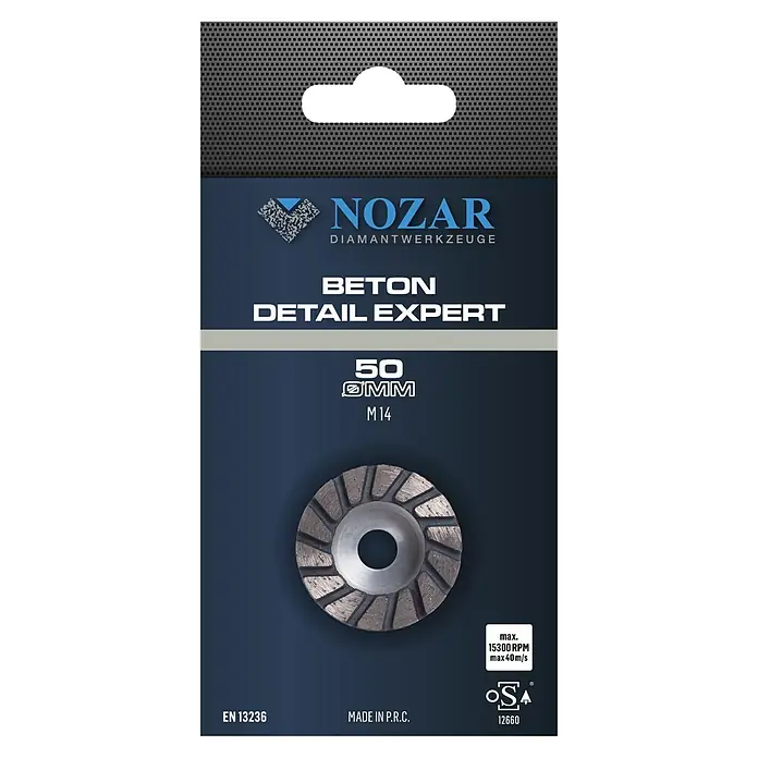 Nozar Schleiftopf Beton Detail Expert - Durchmesser: 50 mm, M 14, Diamantbeschichtet - Produktverpackung einer NOZAR Betonschleifscheibe mit 50mm Durchmesser, geeignet für Detailarbeiten an Beton.
