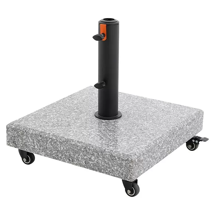 Doppler Granitschirmständer MyZone - 49,9 kg, Passend für: Doppler MyZone Sonnenschirme - Quadratischer, grau gesprenkelter Granit-Sonnenschirmständer mit schwarzem Rohr, orangefarbenem Hebel und vier schwarzen Rollen.