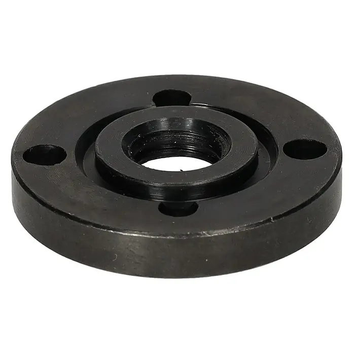 Craftomat Spannmutter - M14 Gewinde - Eine detaillierte Aufnahme einer schwarzen Metallscheibe mit einem zentralen Gewinde und Befestigungslöchern.
