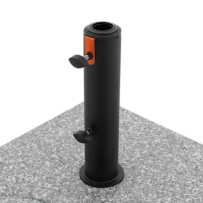 Doppler Granitschirmständer MyZone - 49,9 kg, Passend für: Doppler MyZone Sonnenschirme - Schwarzer Sonnenschirmständerfuß mit orangem Detail, zwei Feststellschrauben und grauem Granitsockel.
