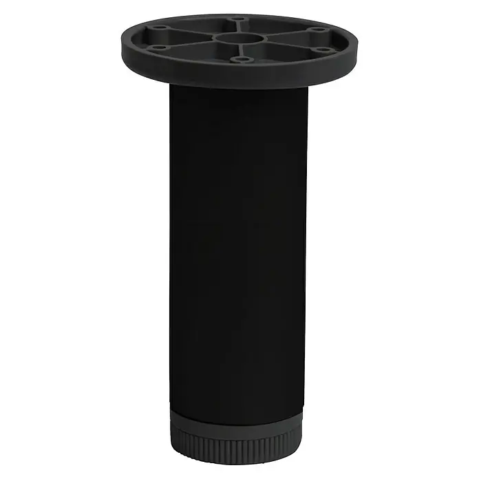 Pata para muebles - Ø x Al: 4 x 15 cm, Aluminio, Negro, 1 ud. - Pata de mueble negra con placa de montaje redonda y pie estriado y ajustable. La pata tiene forma cilíndrica.