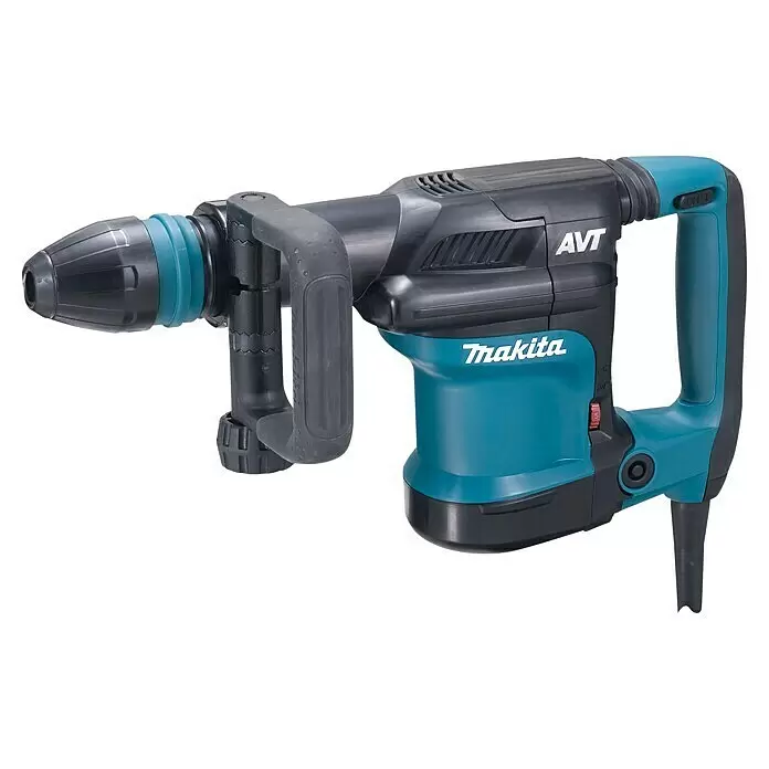 Makita Martillo demoledor HM0871C - 1.100 W, 8,1 J, Alojamiento SDS-MAX - Un taladro percutor Makita negro y turquesa con mango lateral ajustable y empuñadura principal, diseñado para perforaciones pesadas.