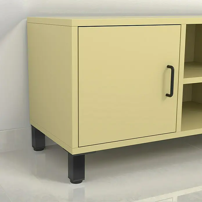 Pata para muebles - L x An x Al: 4 x 4 x 12 cm, Aluminio, Negro, Cuadrado, 1 ud. - Aparador amarillo con puerta de armario y estantes abiertos, ideal para una sala de estar o un espacio de trabajo. Diseño elegante para almacenamiento adicional.
