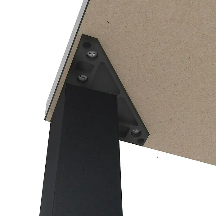 Pata para muebles - L x An x Al: 4 x 4 x 12 cm, Aluminio, Negro, Cuadrado, 1 ud. - Vista detallada de una mesa con pata negra sujeta con un soporte triangular. Tornillos aseguran la construcción.