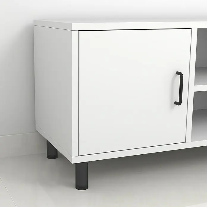 Pata para muebles - Ø x Al: 4 x 10 cm, Aluminio, Negro, 1 ud. - Armario blanco con puerta y tiradores y patas negras. El armario tiene un aspecto moderno y ofrece espacio de almacenamiento.